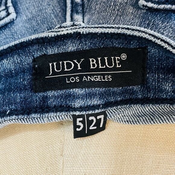 Judy Blue Straight Fit Jeans Women's Size 5 27 Mid Rise Ripped Knee Raw Hem - Picture 12 of 13